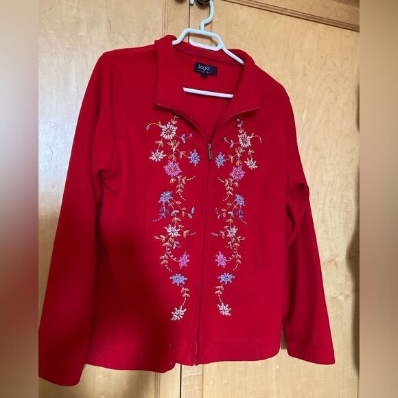 Beautiful red floral fleece zip up jacket sweater pullover - Picture 2 of 6